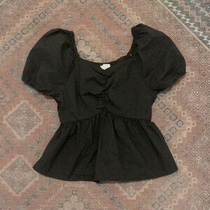 Black Ruched Crop Top Puff Sleeve Blouse S